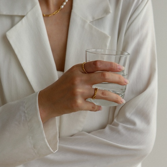 18K Gold Plated Titanium Double Beaded Band Ring - Picture 5 of 8